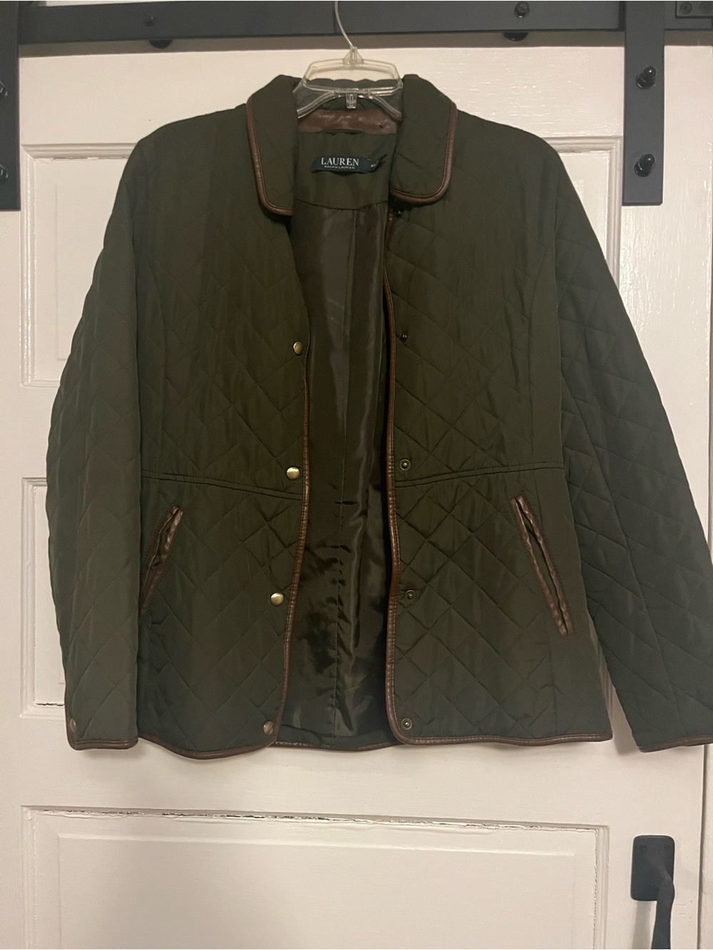 Lauren Ralph Lauren Quilted Olive Green Jacket with Brown Trim